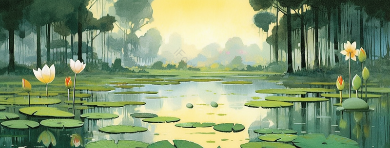 绿色森林池塘里的荷叶荷花插画背景,插画/手绘图,插画/手绘图库,插画/手绘图下载,插画/手绘